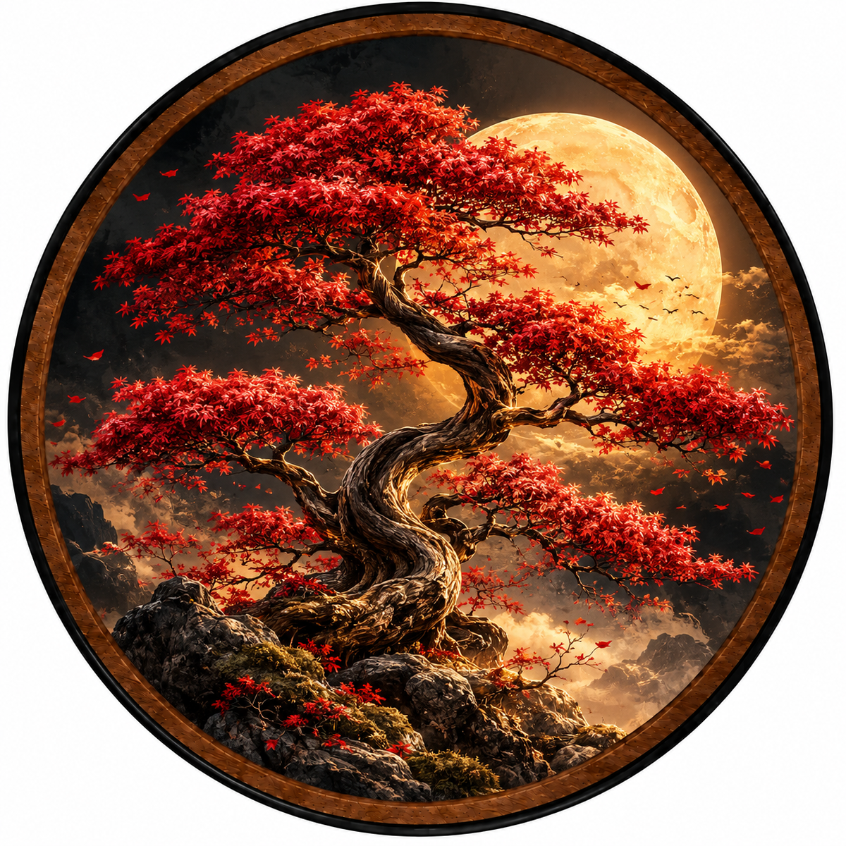 Red Japanese Maple Tree & Golden Moon – Handcrafted LED Wall Art