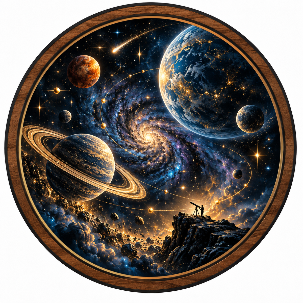 Cosmic Voyager — Golden Galaxy LED Wall Art | Space & Planet Decor