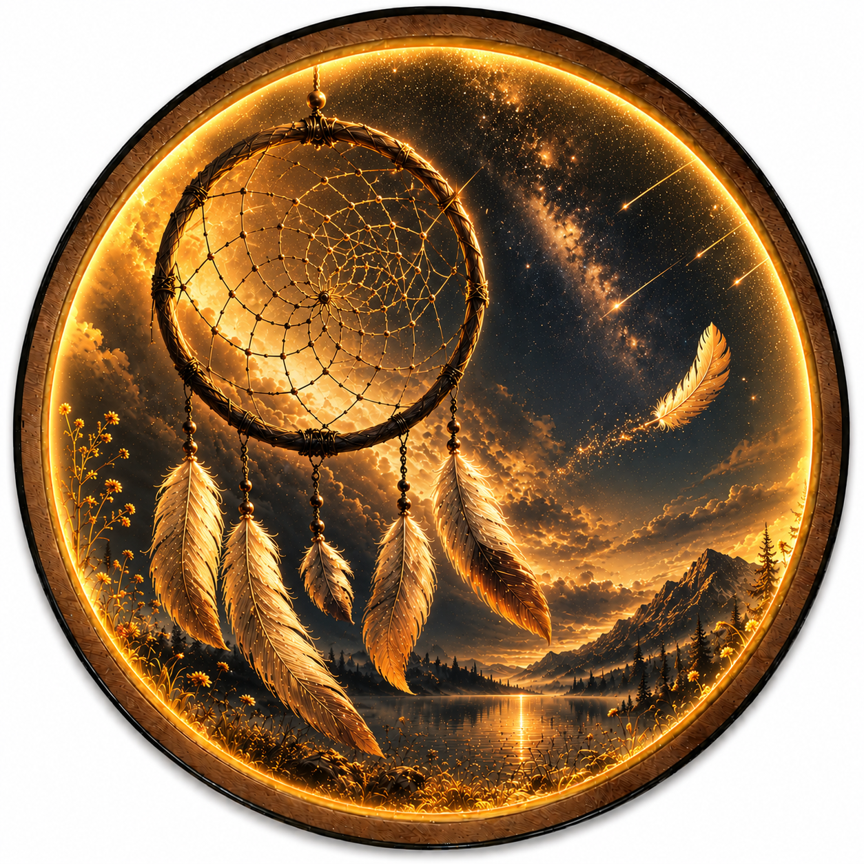 Golden Dreamcatcher LED Wall Art – Celestial Moon & Feather Decor