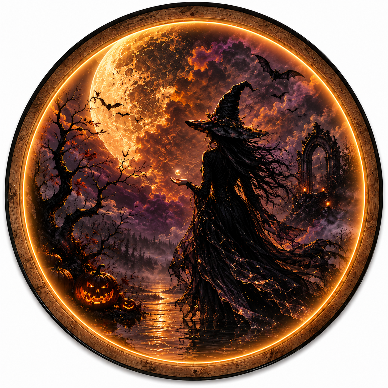 Moonlit Witch LED Wall Art – Gothic Halloween Decor