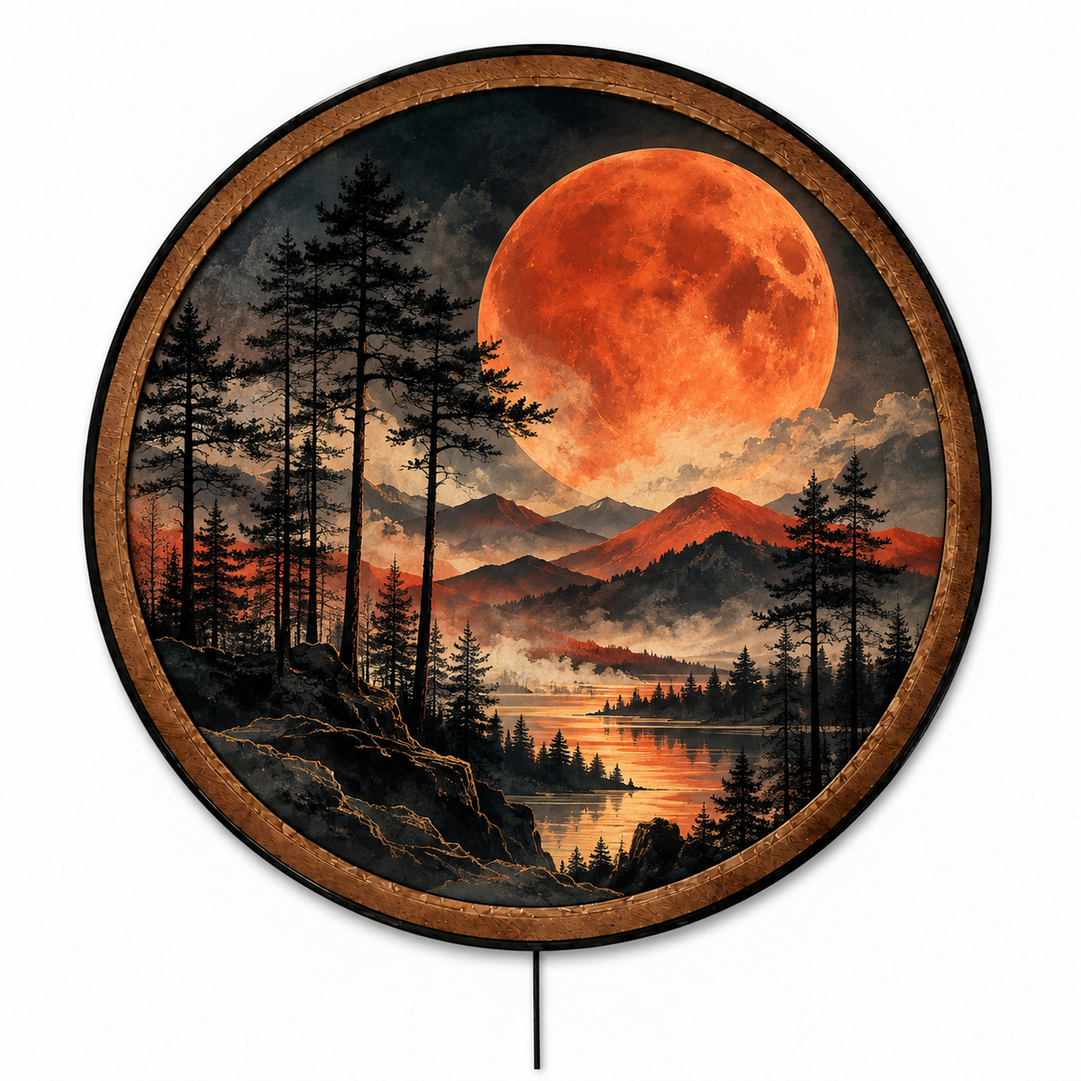 Handcrafted Blood Moon LED Wall Art – Red Moon Mountain Landscape, Dark Forest Celestial