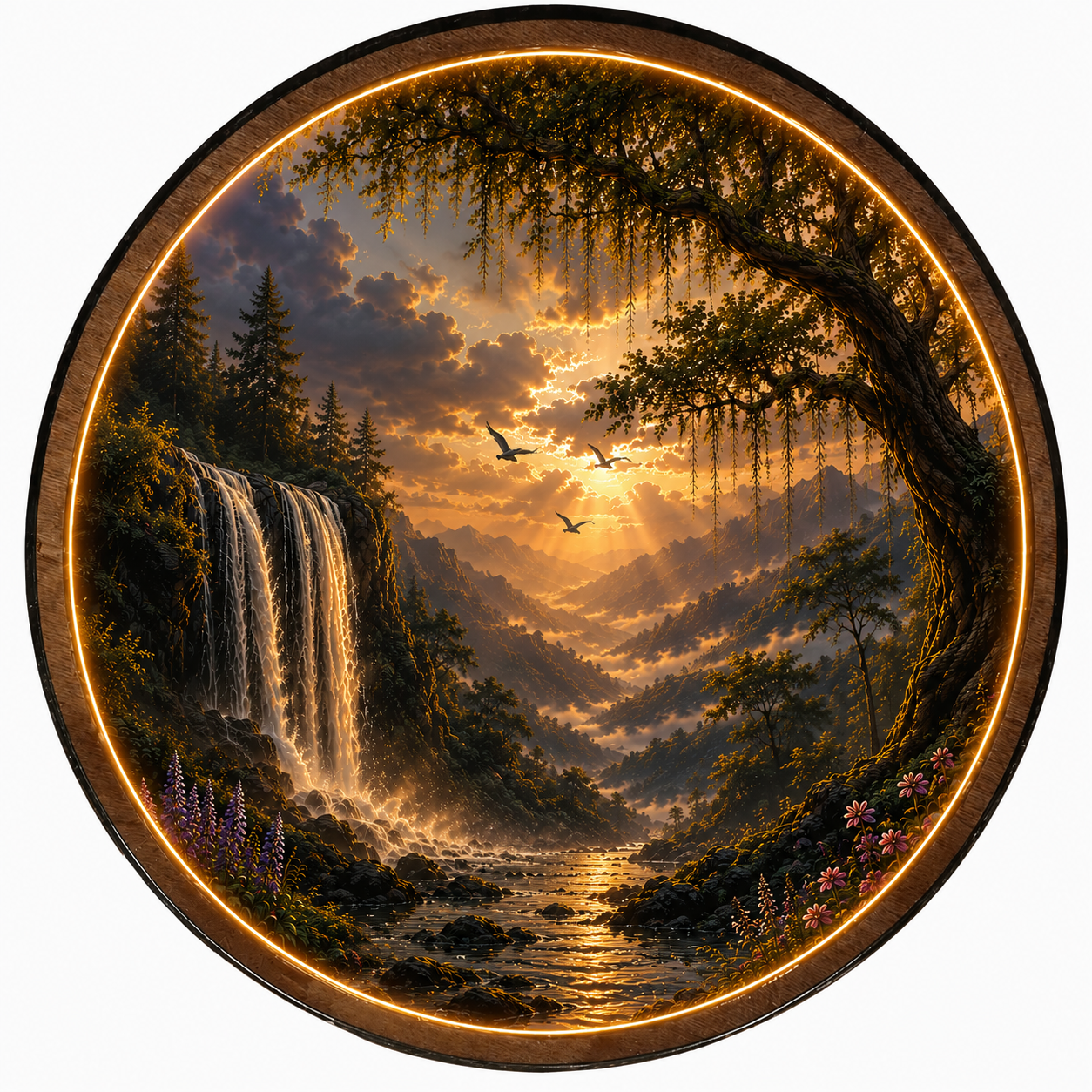 Golden Waterfall Valley LED Wall Art – Illuminated Nature Acrylic Decor