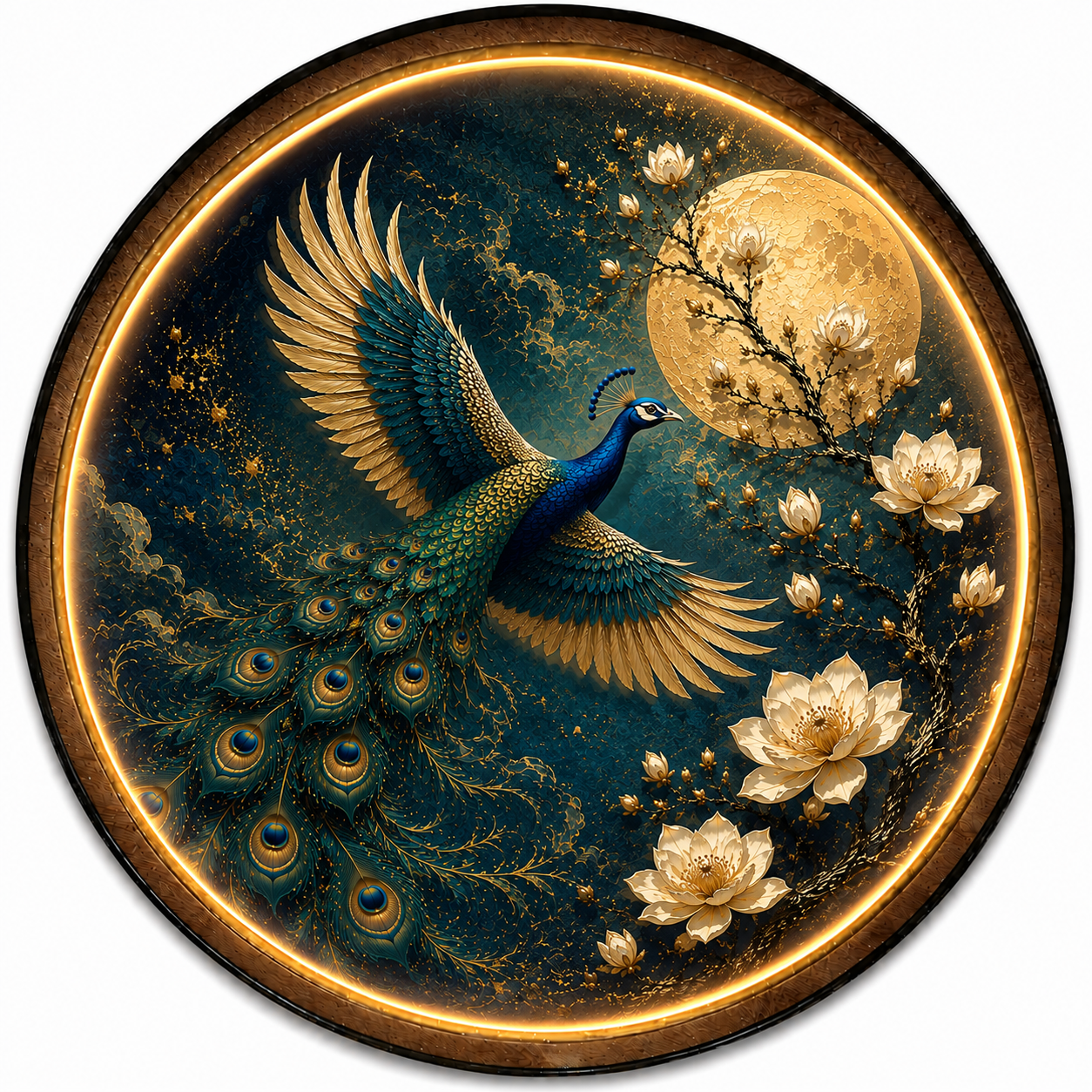 Moonlit Peacock Blossom LED Wall Art – Elegant Illuminated Decor