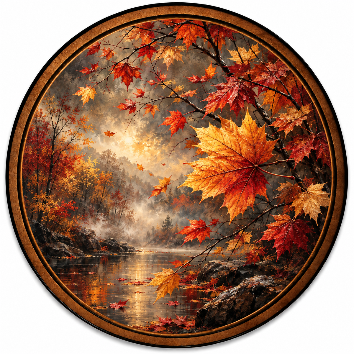 Handcrafted Autumn Maple Leaves LED Wall Art – Fall Forest River Landscape, Rustic Nature