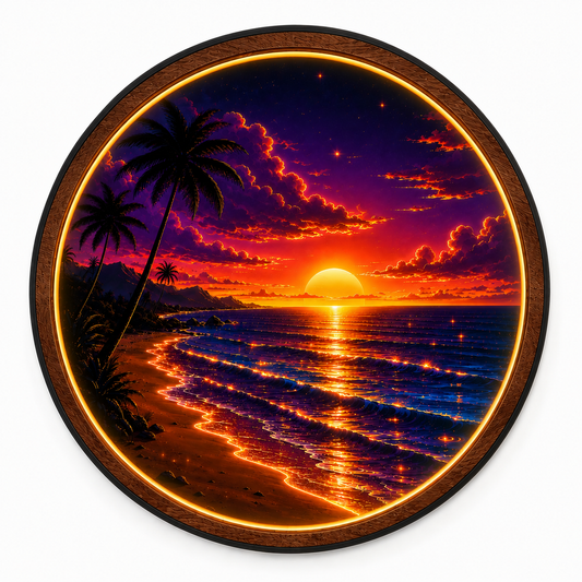 Golden Sunset Round LED Wall Art | Tropical Sunset Acrylic Wall Decor with Wooden Frame