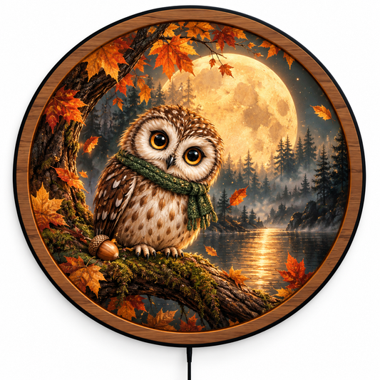 Autumn Moon Owl LED Wall Art – Cozy Woodland Night Decor