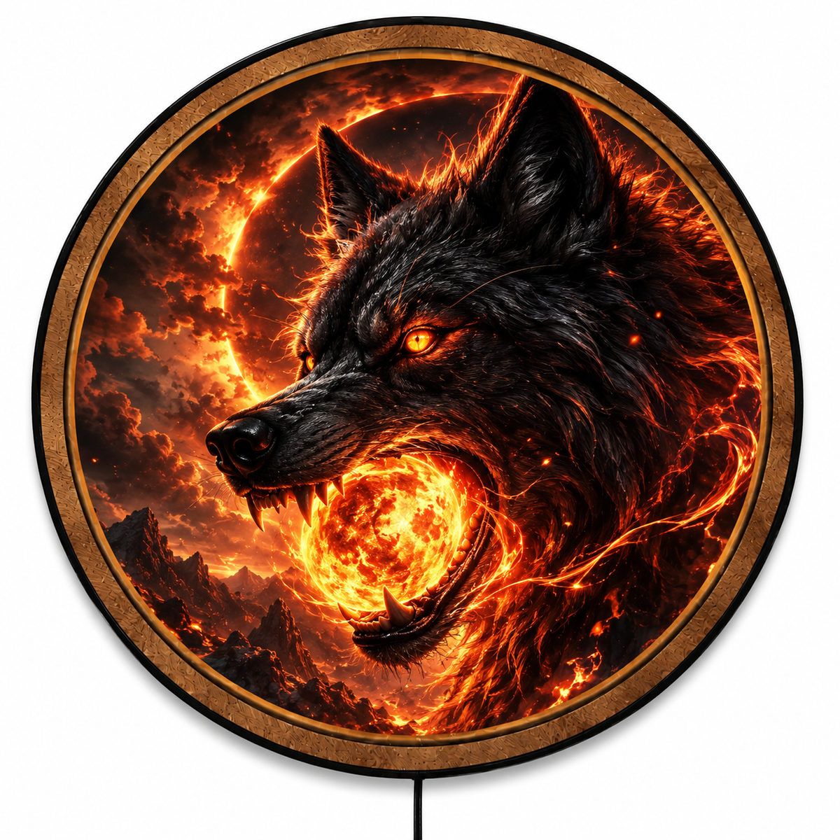 Handcrafted Inferno Wolf Eclipse LED Wall Art