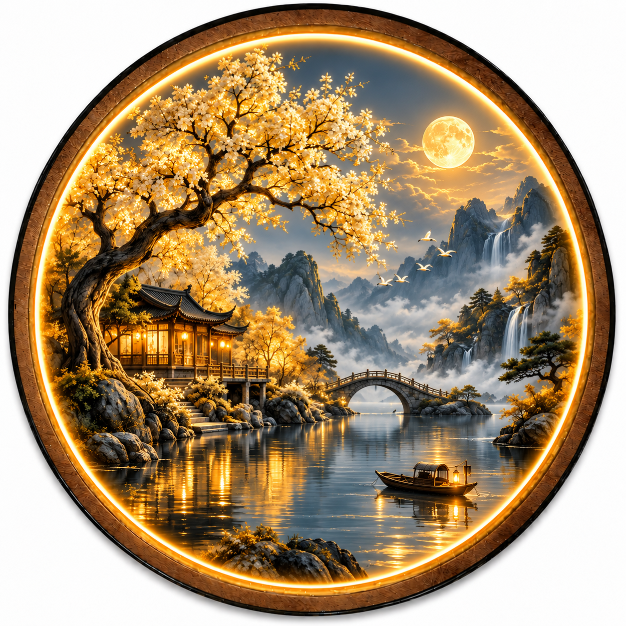 Golden Moon Garden LED Wall Art – Serene Asian Landscape Decor