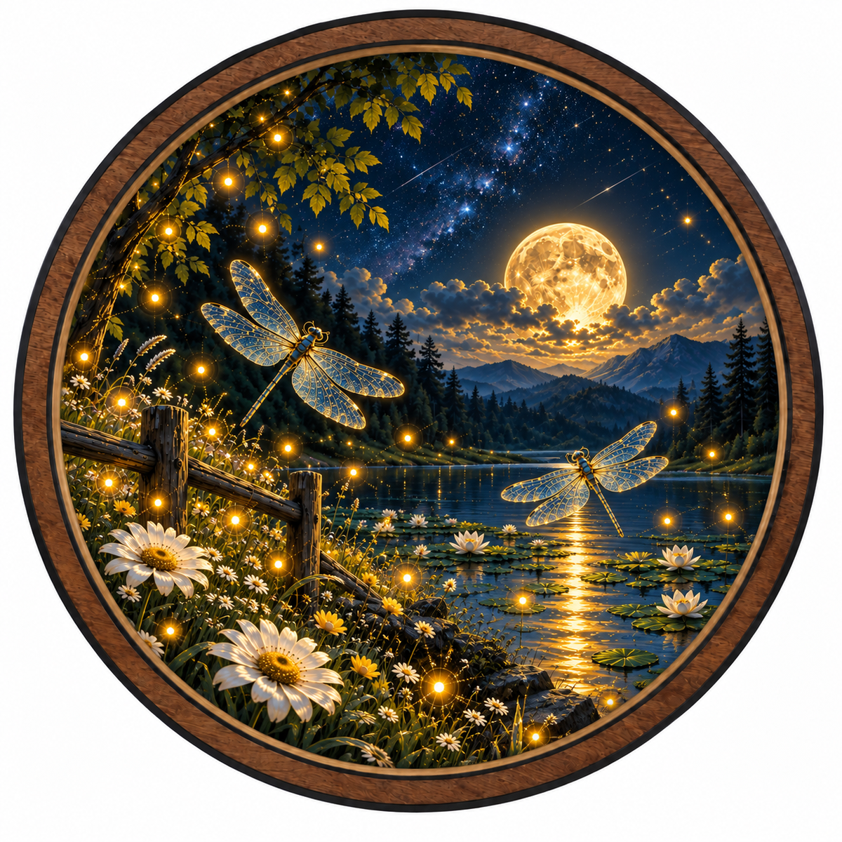 Dragonfly Moon Garden — Golden Night LED Wall Art | Moonlit Lake Decor