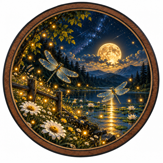 Dragonfly Moon Garden — Golden Night LED Wall Art | Moonlit Lake Decor