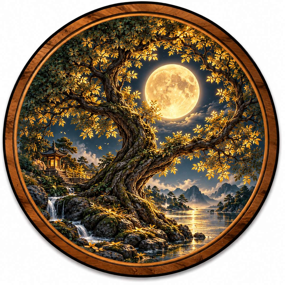 Handcrafted Golden Moon Ancient Tree LED Wall Art
