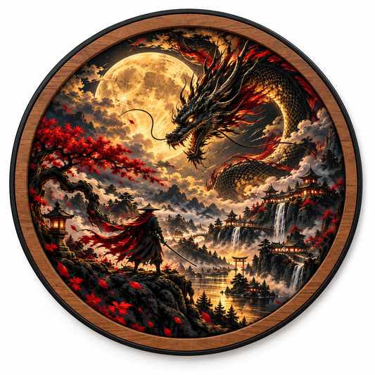Dragon Moon Samurai – Japanese Fantasy LED Wall Art