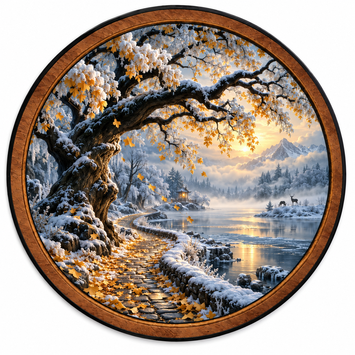 Golden Winter Path LED Wall Art – Snowy Mountain Lake Landscape Decor