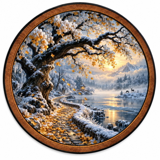 Golden Winter Path LED Wall Art – Snowy Mountain Lake Landscape Decor
