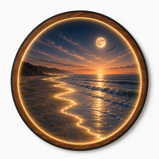 Moonlit Coastal Serenity LED Wall Art – Round Wooden Ocean Light Decor
