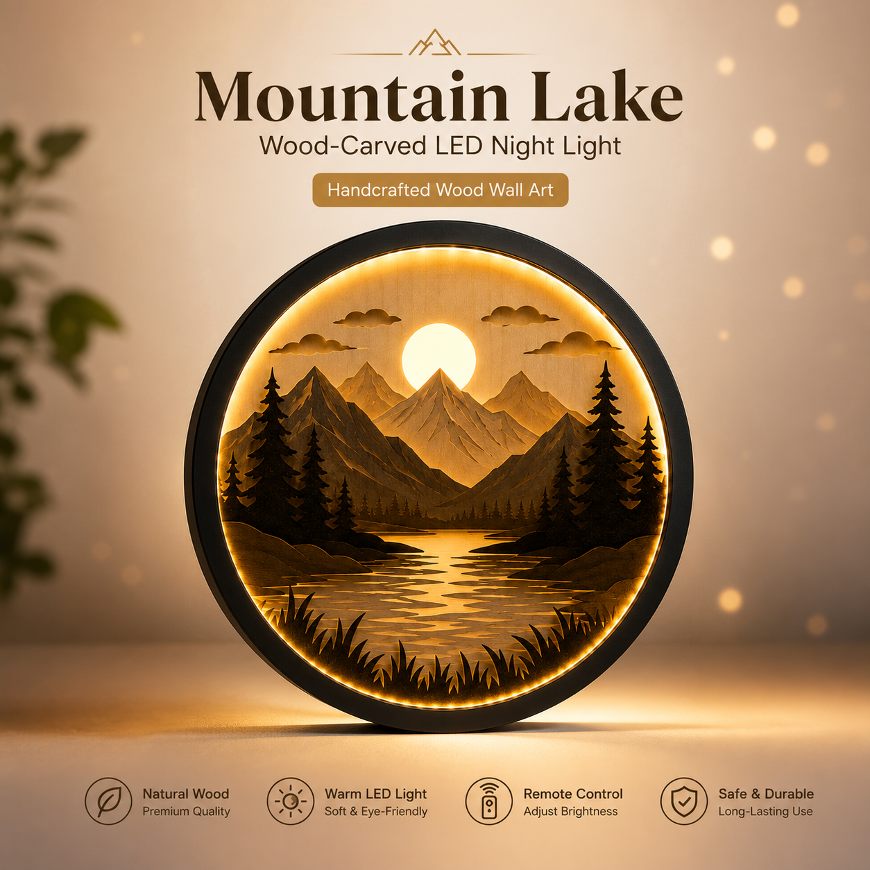 Handcrafted Wood Art Light - 3D Layered Mountain & Lake Design - Warm LED Backlight