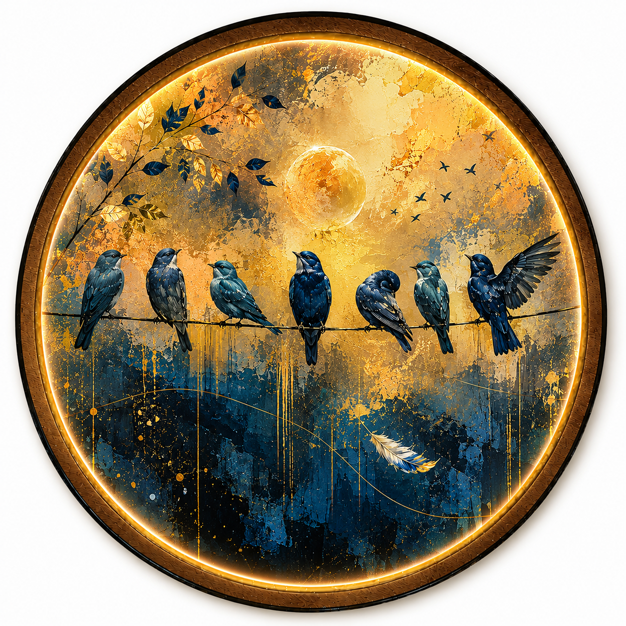 Golden Chorus LED Wall Art – Blue Birds & Golden Moon Decor