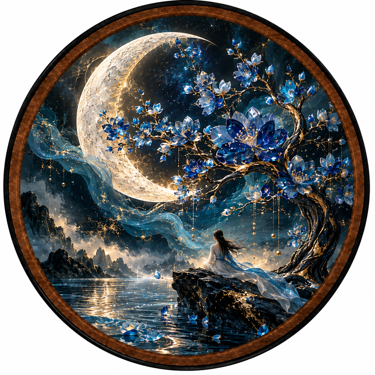 Moonlit Sapphire Blossom – Handcrafted LED Wall Art | Blue Floral Moon Decor