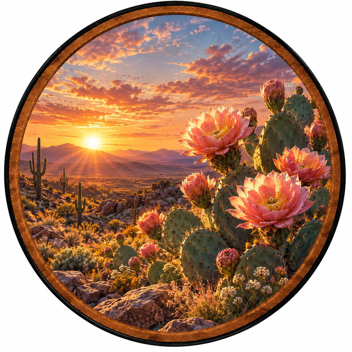 Desert Bloom – Handcrafted Round LED Wall Art