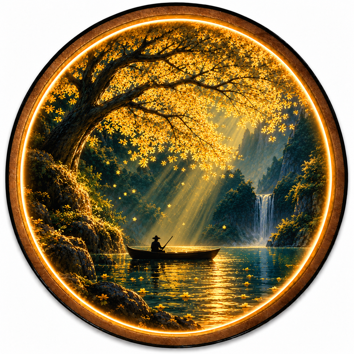 Golden Serenity LED Wall Art – Waterfall & Fisherman Decor