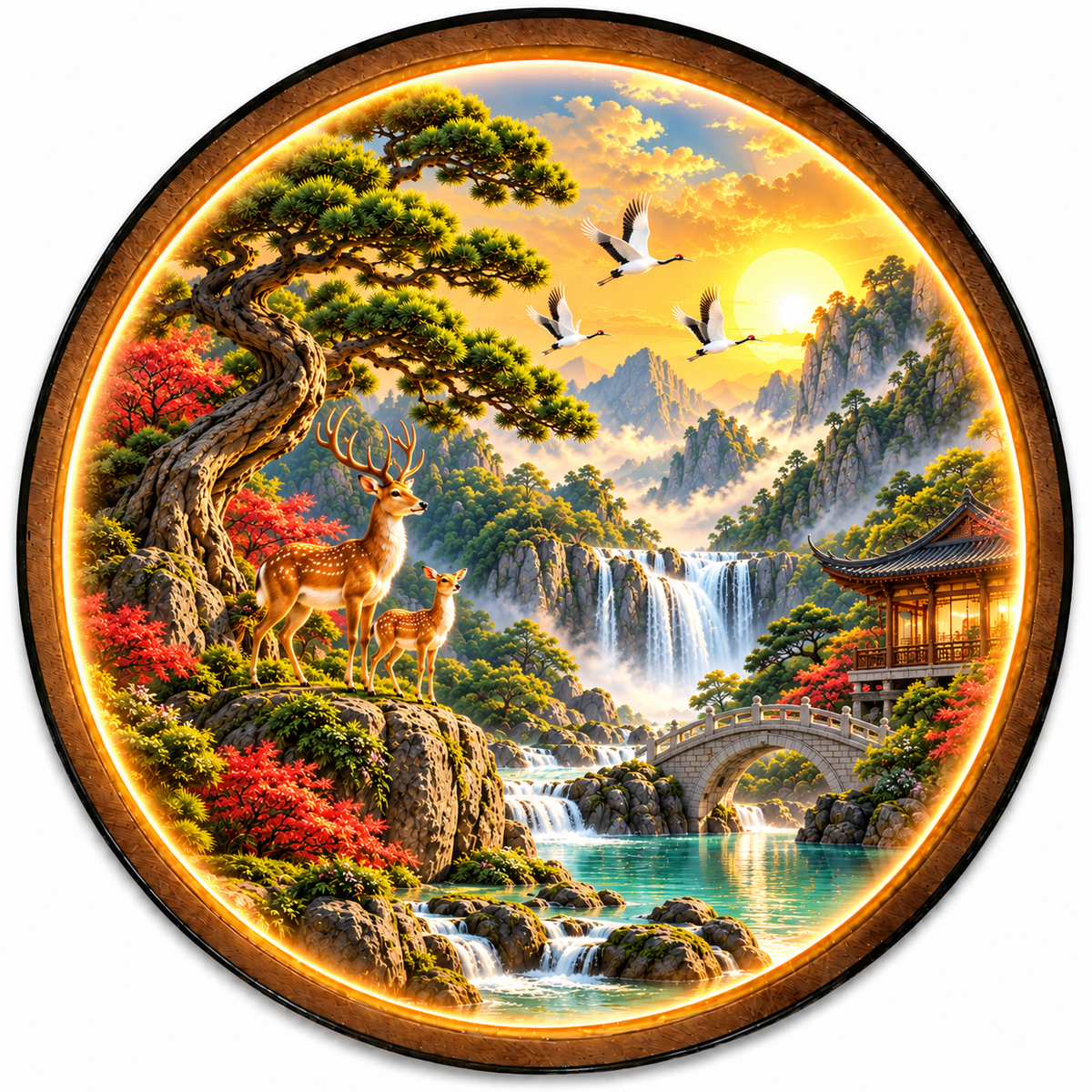 Sacred Deer Valley LED Wall Art – Asian Nature Landscape Decor