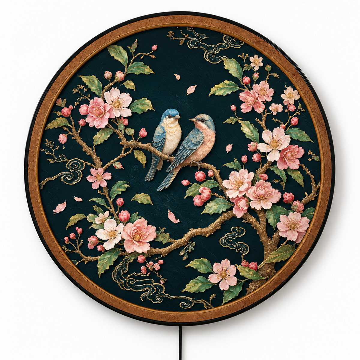 Handcrafted Lovebirds & Cherry Blossom LED Wall Art – Vintage Floral Bird Couple Romantic