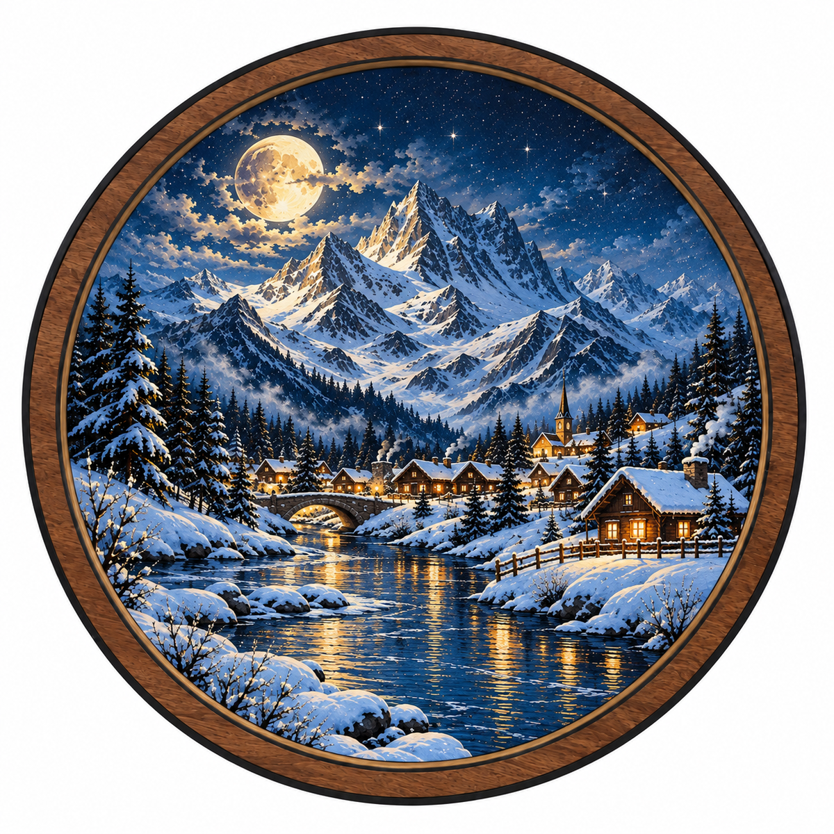 Winterlight Village LED Wall Art – Golden Moon Mountain Retreat