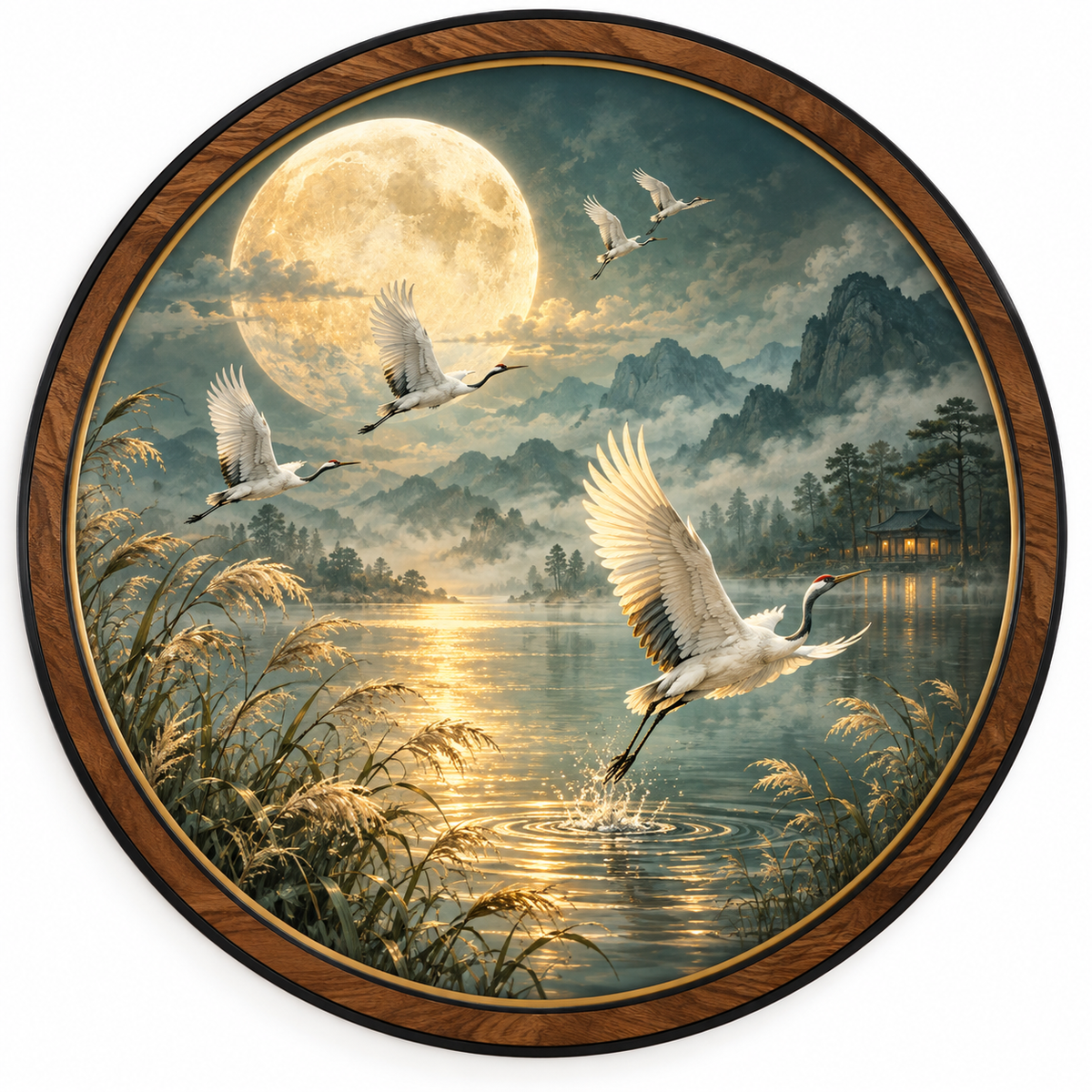 Moonlit Cranes – Golden Serenity LED Wall Art