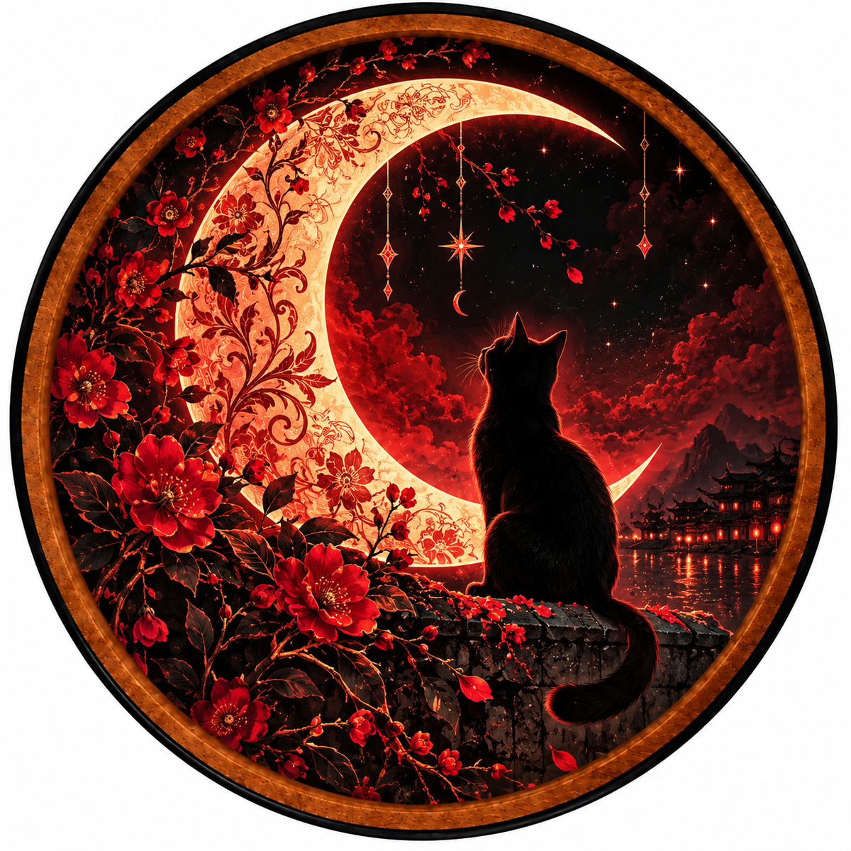 Crimson Moon Whispers – Handcrafted LED Wall Art | Black Cat & Red Crescent Moon