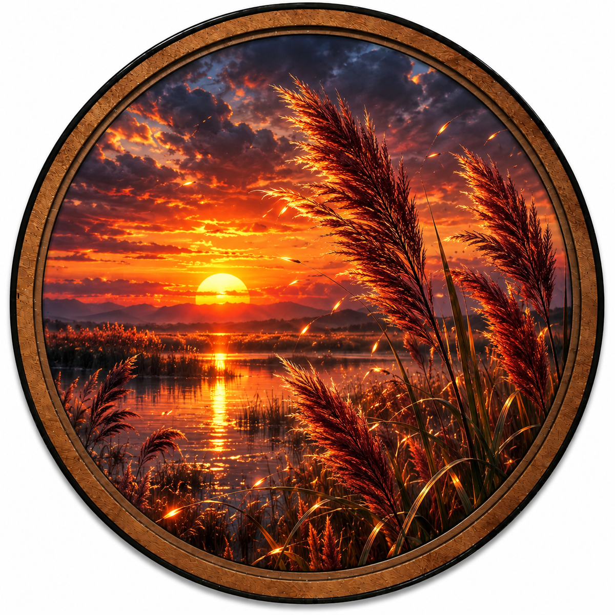 Handcrafted Golden Reeds Sunset Lake LED Wall Art