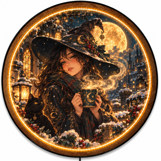 Winter Moon Witch LED Wall Art – Gothic Fantasy Cat Decor