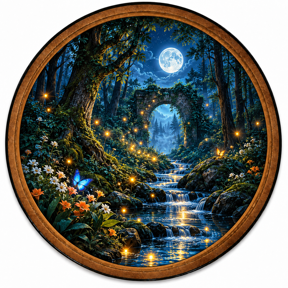 Enchanted Moonlit Forest Waterfall Circular LED Wall Art