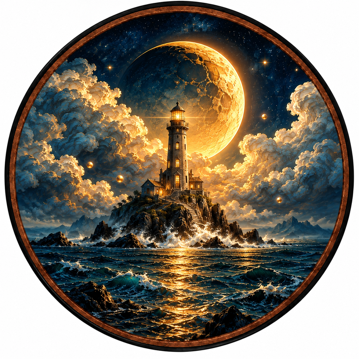 Beacon – Handcrafted LED Wall Art | Golden Moon Lighthouse Ocean Decor
