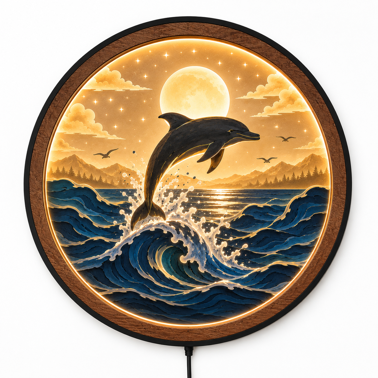 Wood Carved Dolphin Ocean Wave LED Wall Lamp | Handmade Night Light Wall Art