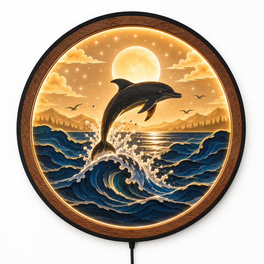 Wood Carved Dolphin Ocean Wave LED Wall Lamp | Handmade Night Light Wall Art
