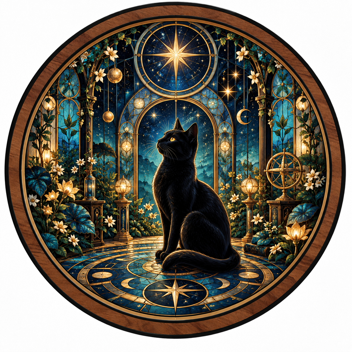 Midnight Astral Conservatory — Black Cat LED Wall Art | Celestial Botanical Lighted Wall Decor