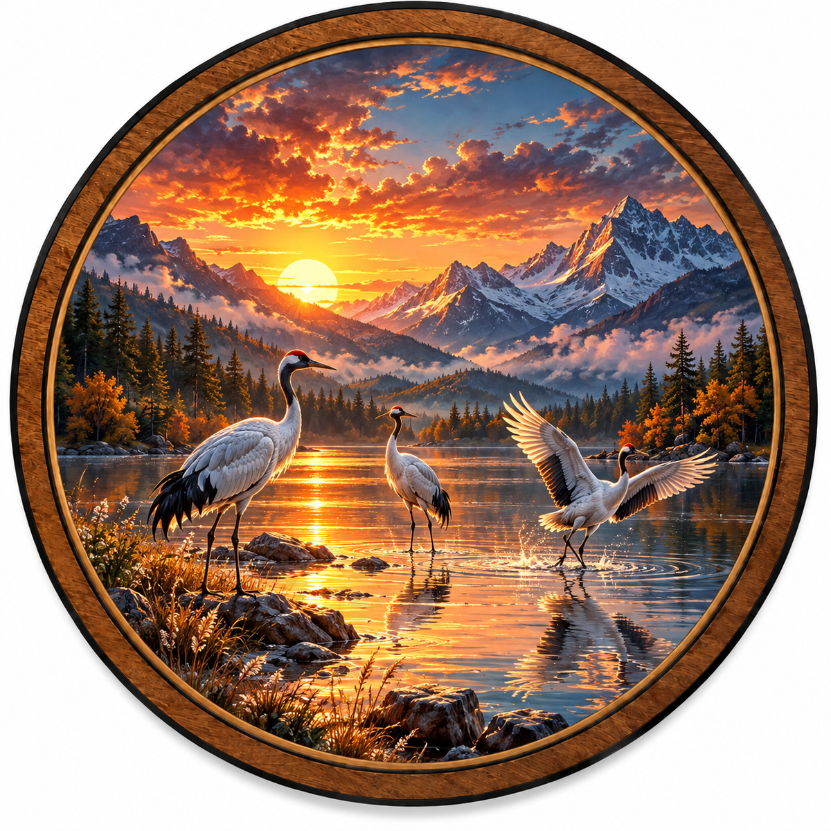 Handcrafted Golden Crane Mountain Sunset LED Wall Art