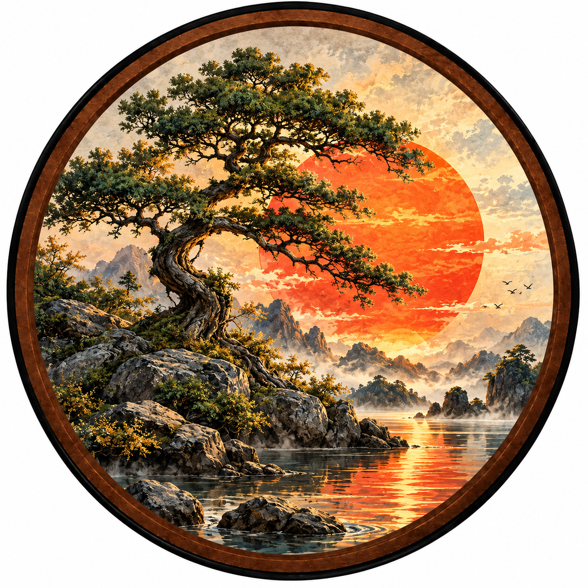 Japanese Zen Tree, Red Sun & Mountain Landscape – Handcrafted LED Wall Art