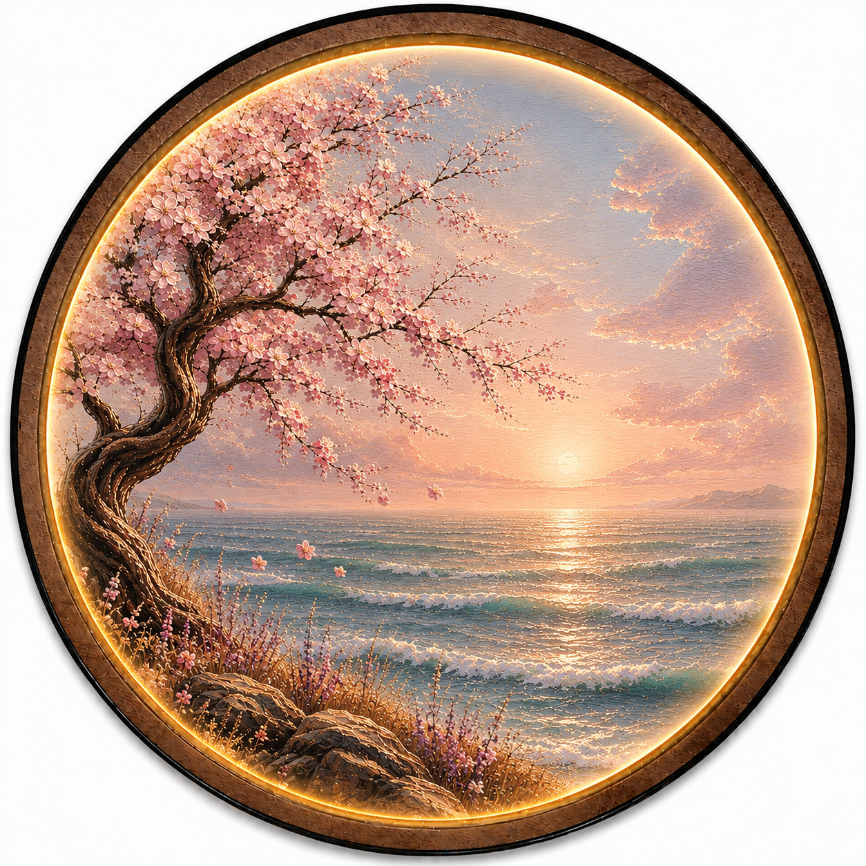 Cherry Blossom Coastal Sunset LED Wall Art – Round Illuminated Acrylic Decor
