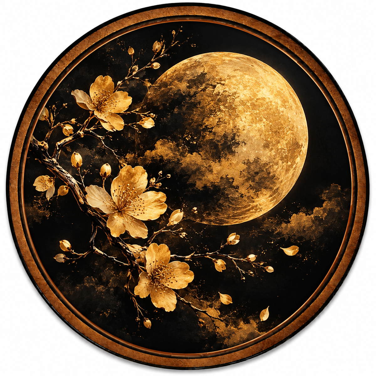 Handcrafted Golden Moon LED Wall Art – Gold Cherry Blossoms, Black & Gold