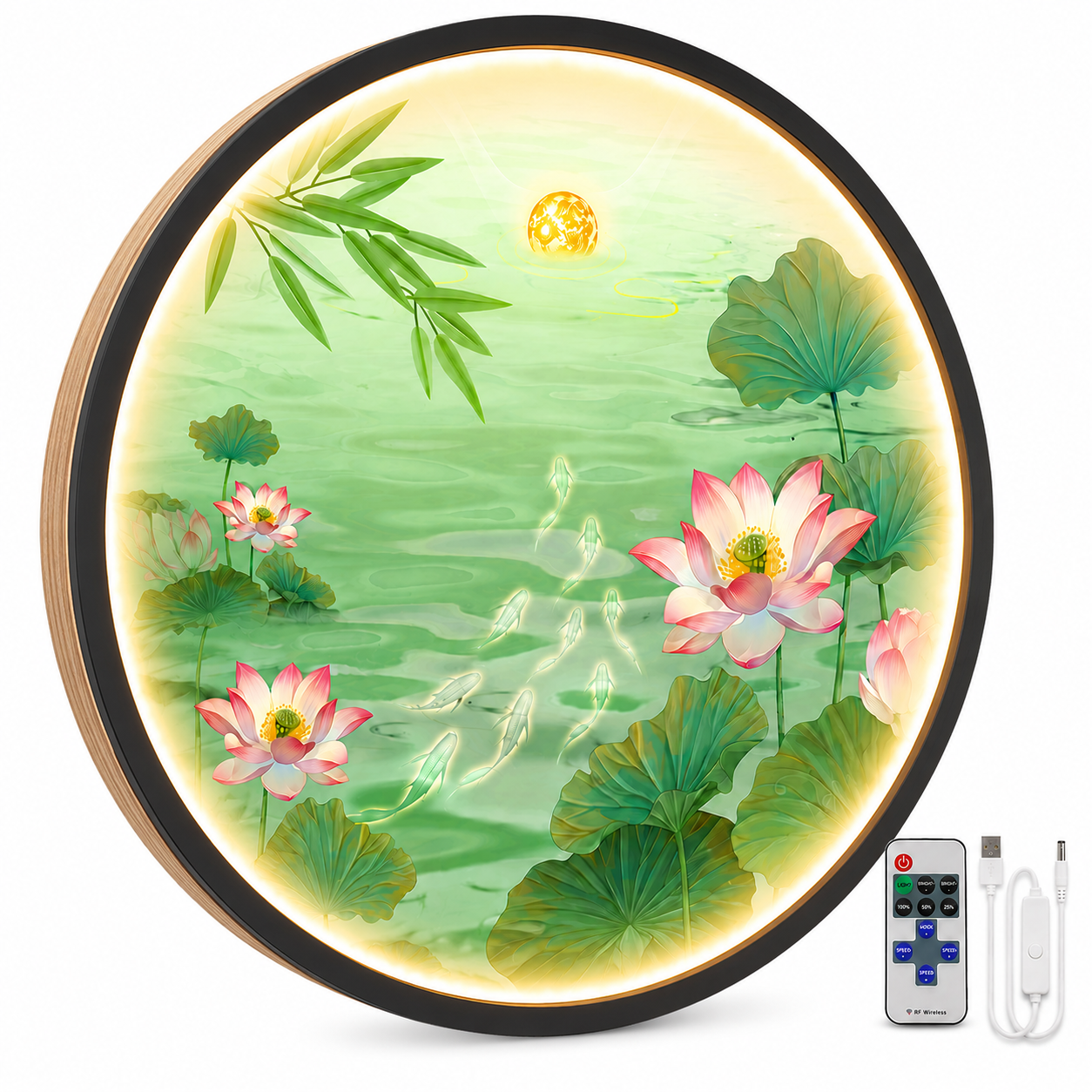 Pink Lotus Pond LED Wall Art - Koi Fish & Moon Round Wall Decor with Backlight