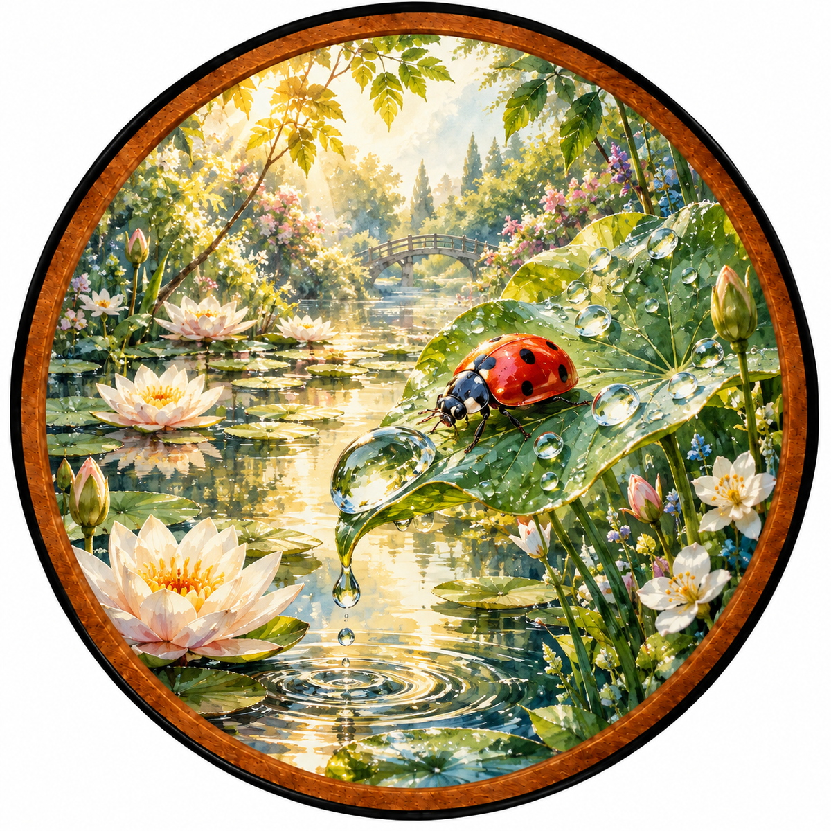 Enchanted Lotus Garden – Handcrafted LED Wall Art | Red Ladybug & Water Lily Pond