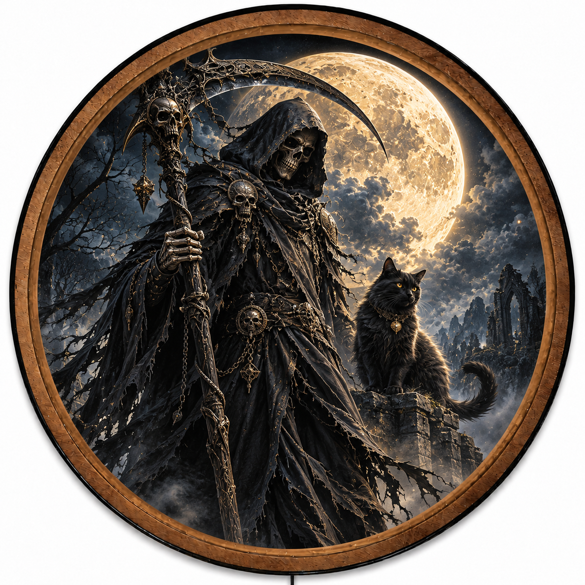 Handcrafted Grim Reaper LED Wall Art – Gothic Skull & Black Cat Under Full Moon, Dark Fantasy Halloween