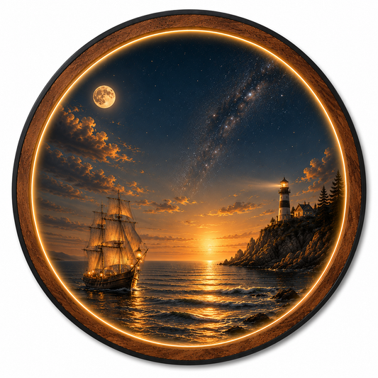 Celestial Lighthouse Voyage LED Wall Art – Nautical Wooden Light Decor