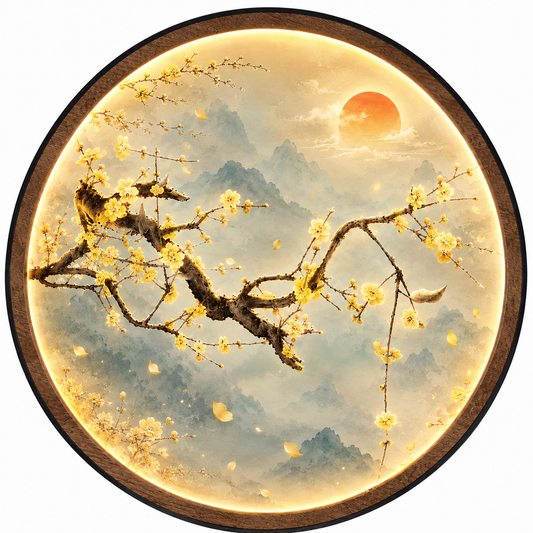 Golden Plum Blossom Mountain LED Wall Art – Round Illuminated Nature Decor