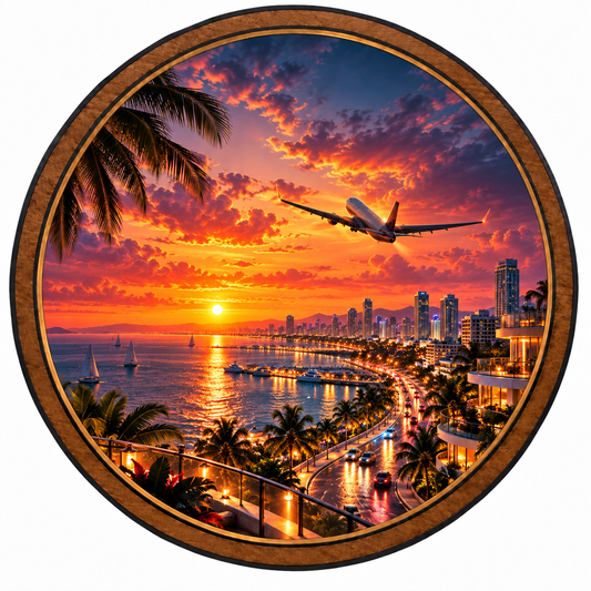 Tropical Skyline Flight Sunset Circular LED Wall Art