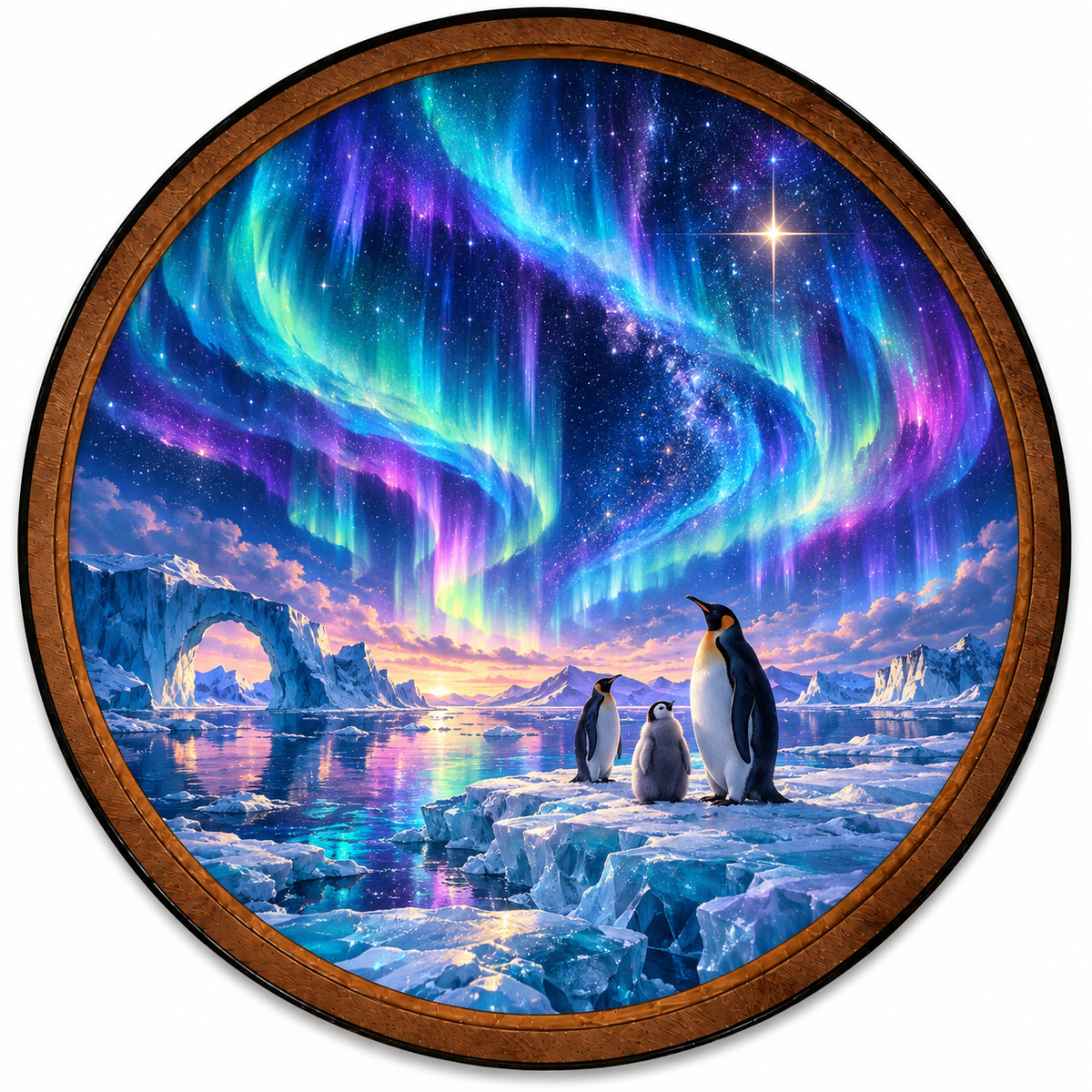 Aurora Penguin Family – Handcrafted Round LED Wall Art