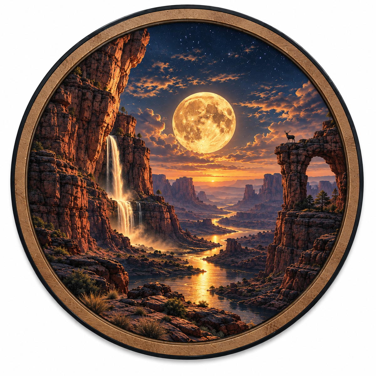 Golden Moon Canyon LED Wall Art – Waterfall & Desert Landscape