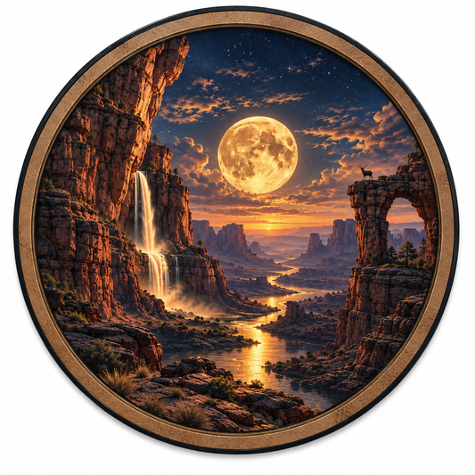 Golden Moon Canyon LED Wall Art – Waterfall & Desert Landscape