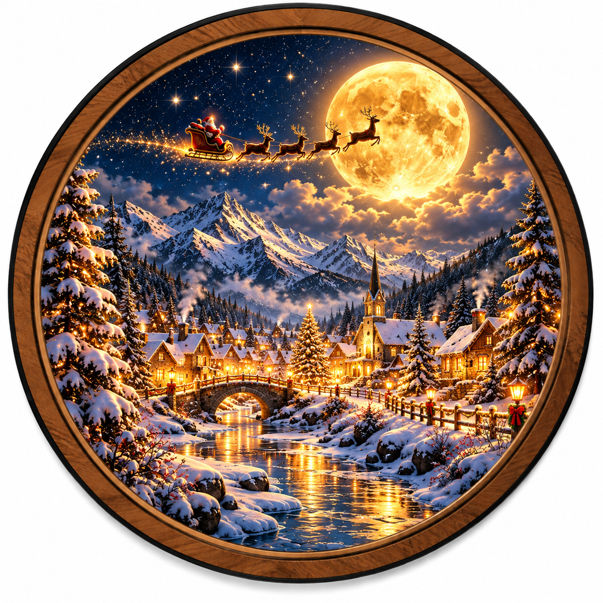 Handcrafted Santa Moon Christmas Village LED Wall Art